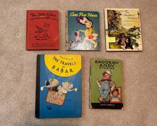 Rare Childrens Books, "Raggedy Andy Stories", "The Travels of Babar", "The Donkey Prince", "Come Play House", "The Little Rabbit Who Wanted Red Wings"
