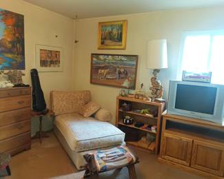 Fainting couch, art and bedroom furniture