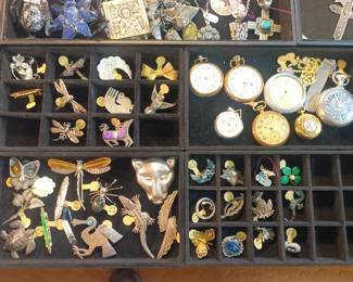 Sterling broaches and old pocketwatches