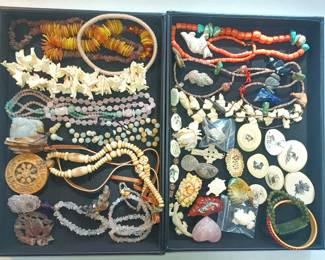 Coral and Lapis strands, jade and bone scrimshaw pieces