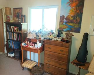 Dresser, writing desk and knickknacks. A big violin and a small violin!