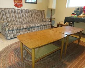 Camo sofa and vintage side tables with matching coffee table