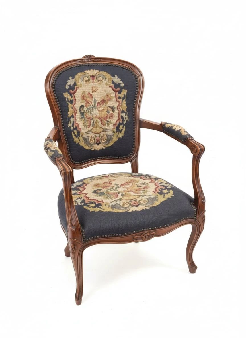 Antique French Louis XV Style Needlepoint Armchair