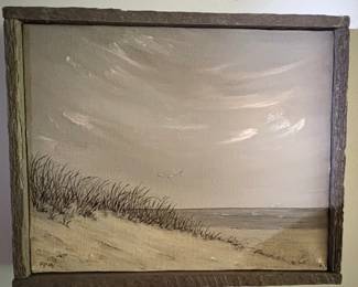 Coastal Landscape Painting with Seagrass and Bird