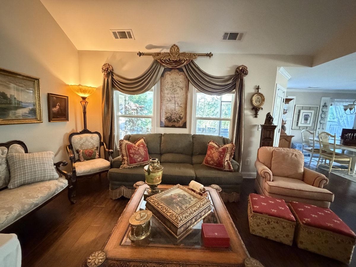Custom window treatments and hardware will all be for sale
