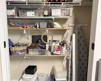 Jewelry stands, crafts, art supplies, empty plastic containers, lots of project purses ready for completion. Fabric and drapery rulers!