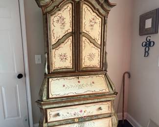 Vintage Floral painted secretary in entry. So pretty and practical!