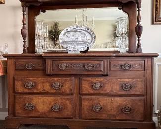 Possibly a British antique sideboard, inside trimmed drawers, handcut dovetail drawers, chamfered drawer bottoms with wavy board bottoms so possible before 1878?
