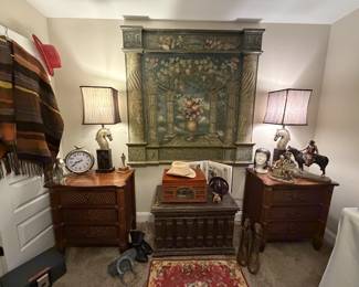 Incredible wall hanging used as a headboard! Brutalist cabinet use for storage