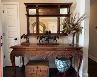 Antique Mirror in entry, lovely carved table with two drawers, wood machinist, crafter's or jewelry cabinet, Green fish bowl planter