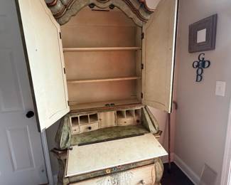 Vintage Floral painted secretary in entry. So pretty and practical!