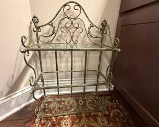 Heavy duty vintage wall or table top iron and glass 3 tier stand. It's green!
