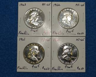 Lot 382. Four proof Franklin half dollars. 1960 P, 1961 P, 1962 P, and 1963 P.