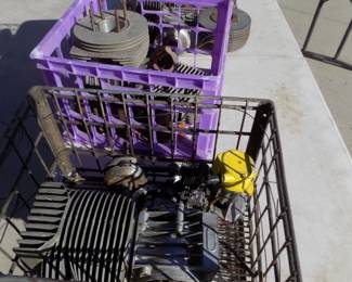 Lot 294. Motors and car parts with two vintage wire milk crates
