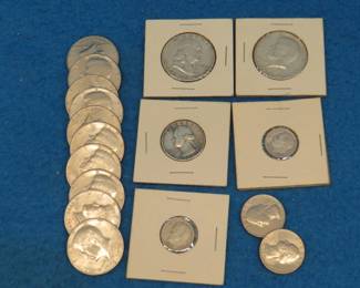 Lot 187. Silver coins and more: One 1952 Franklin half Dollar. One silver 1964 Kennedy Half Dollar. Ten non-silver Kennedy halves. One silver 1960 Washington quarter. Two Bicentennial quarters. Two silver Roosevelt dimes.