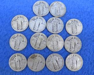 Lot 186. Fourteen Standing Liberty quarters with unreadable dates
