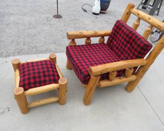 Lot 125. Log chair and footstool. The chair is in excellent condition, but the fabric needs cleaning