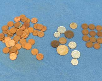 Lot 183. 11 Indian Head and 55 wheat pennies, and assorted foreign coins including an 1891 Canadian penny