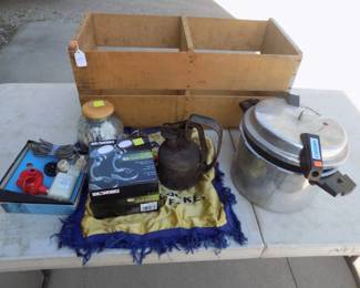 Lot 306. Fruit crate, "Justrite" safety can, and more
