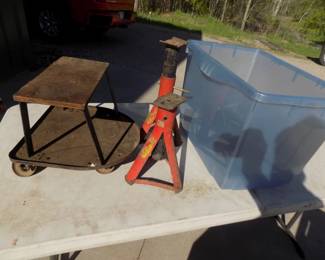 Lot 296. Shop stool, jack stands, and tote