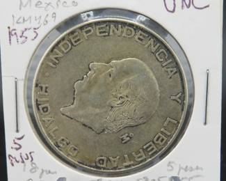 Lot 481. 1955 silver Mexican 5 Peso coin