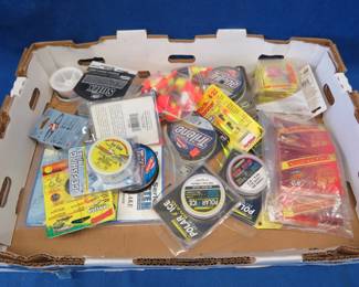 Lot 361. Fishing line in multiple strengths, bobbers, weights, and more
