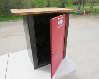 Lot 377. Metal cabinet with a wooden top. 19"W x 29"H x 27"D