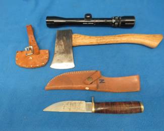 Lot 434. Hunting knife, Bushnell 3x9-32 scope, and a hatchet marked U.S.A. in a Boy Scout sheath