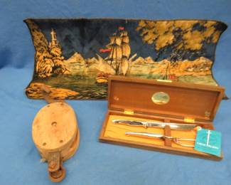 Lot 232. Wall tapestry, wooden pulley, and a Carvel carving set