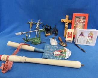 Lot 344. Apple peeler appears new. Crucifixes, Christmas decor, and more