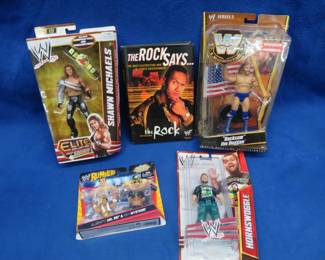 Lot 250. Wrestling action figures and a book by "The Rock"