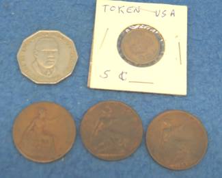 Lot 188. Foreign coins: Three large pennies from Great Britan: 1897, 1900, and 1913. 1975 Jamaican 50-cent coin. U.S. Annex 5-cent token.