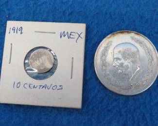 Lot 185. Mexican 1951 5 pesos 72% silver coin with actual silver weight of .6431 troy ounces. Mexican 1919 ten centavos 80% silver coin with actual silver weight of .0466 troy ounces.