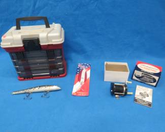 Lot 424. Tackle box with some tackle, large Daredevil, and more