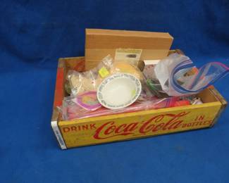 Lot 44. Vintage wooden Coke crate with collectible smalls