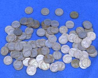 Lot 198. 100 older Jefferson nickels (One silver). Three Buffalo nickels.