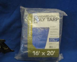 Lot 311. New 16' x 20' poly tarp and a wall-mount TV bracket