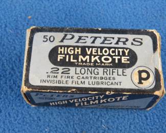 Lot 330. 50 Peters .22 long rifle cartridges in original box in good condition. One end tab is taped.