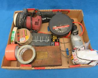 Lot 492. Misc. hardware, including a retractable trouble light, orbital sander, tape, and more
