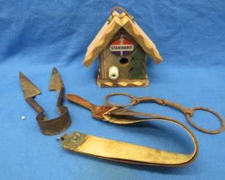 Lot 177. Grass shears, old bit, razor strop, and a birdhouse