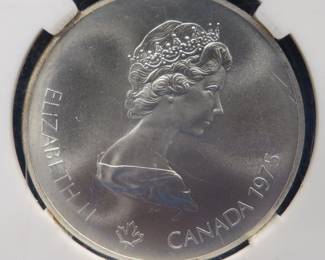 Lot 107. 1975 Canadian $5 proof sterling silver coin from the 1976 Montreal Olympics containing .7227 troy ounces of silver