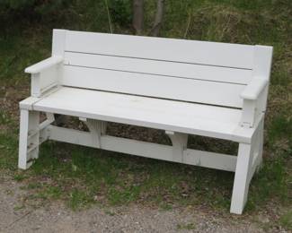 Lot 132. Plastic bench. 58 inches long. The back folds to make 1/2 of a picnic table