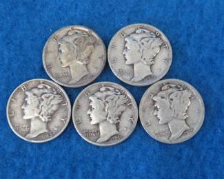 Lot 388. Five Mercury dimes. Dates range from 1935-1945.