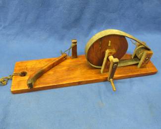 Lot 493. Vintage hand-made, belt-driven, human-powered, wooden, apple peeler