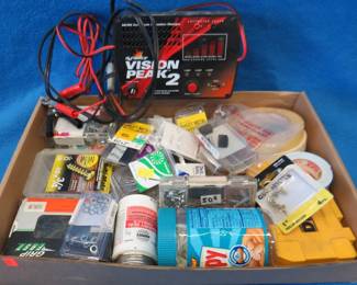 Lot 363. Misc. hardware, fasteners, and a battery charger.
