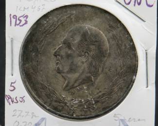 Lot 269. 1953 Mexican 5 peso silver coin. .72 silver. 27.5 grams.