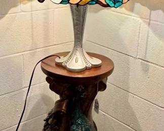 Stain glass lamp and peacock table 