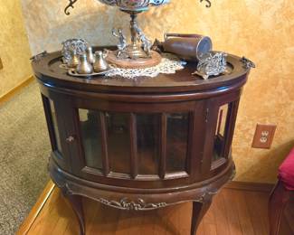 Oval Curio cabinet w/serving tray on top