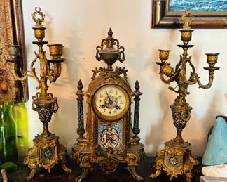 French Clock Garniture Set, Beautiful Enamel 