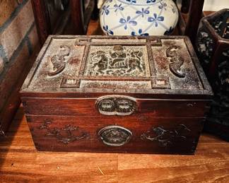 Rosewood Carved Box with Bats and Horseman